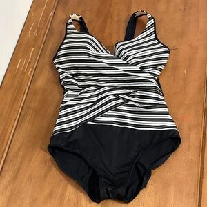 Miraclesuit One Piece Swimsuit in Black White and Gold Stripes Size 16